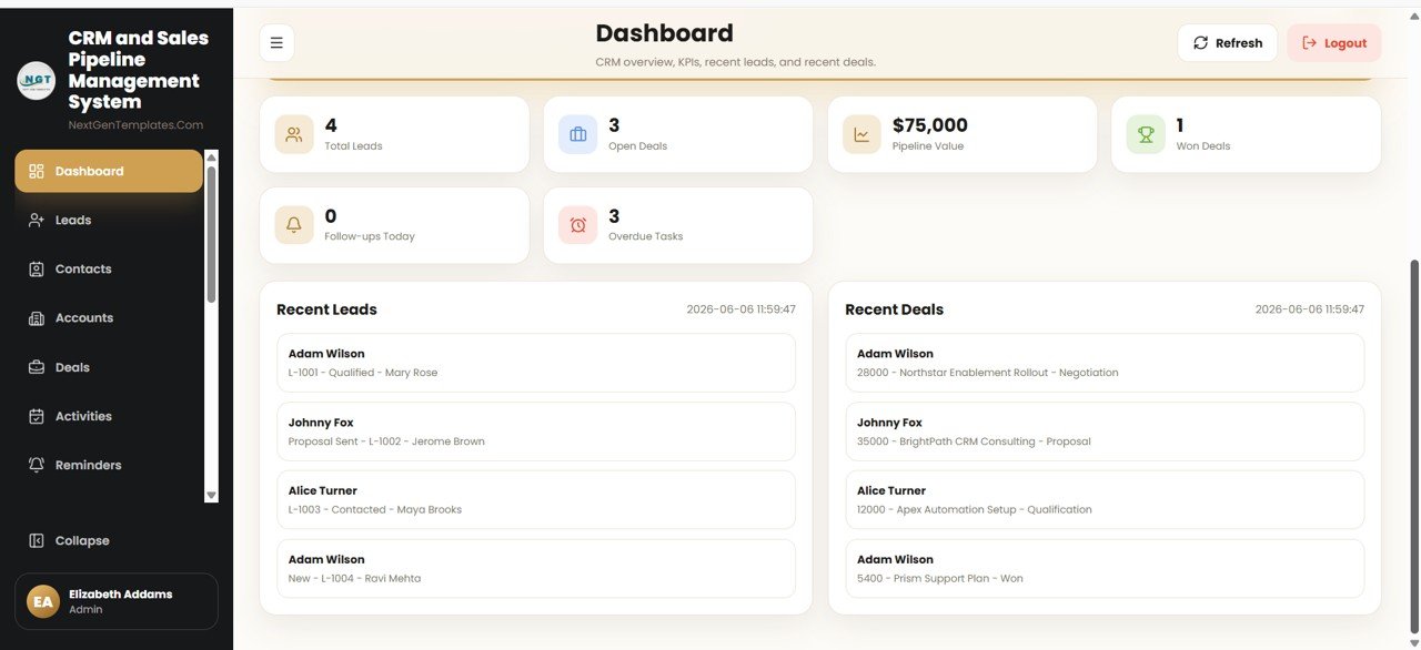 CRM and Sales Pipeline Management System Web App - Dashboard recent leads and deals
