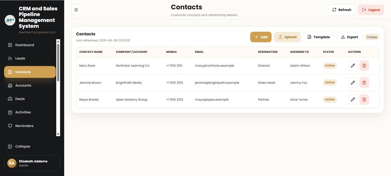 CRM and Sales Pipeline Management System Web App - Contacts tab