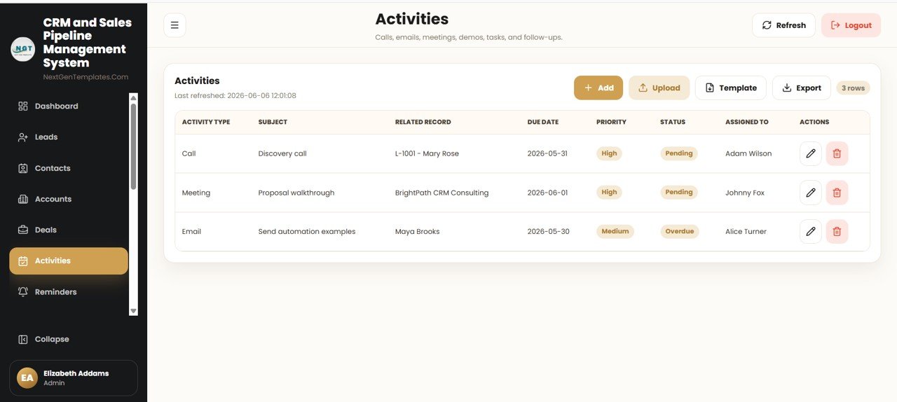 CRM and Sales Pipeline Management System Web App - Activities tab