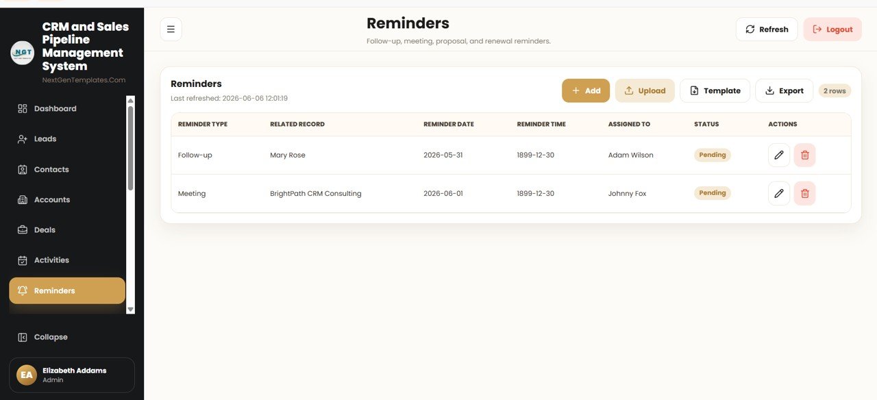 CRM and Sales Pipeline Management System Web App - Reminders tab