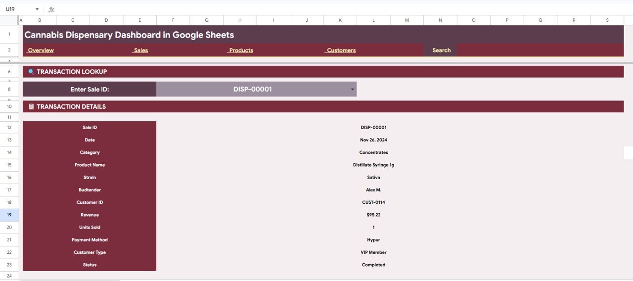 Cannabis Dispensary Dashboard in Google Sheets - Search Sheet
