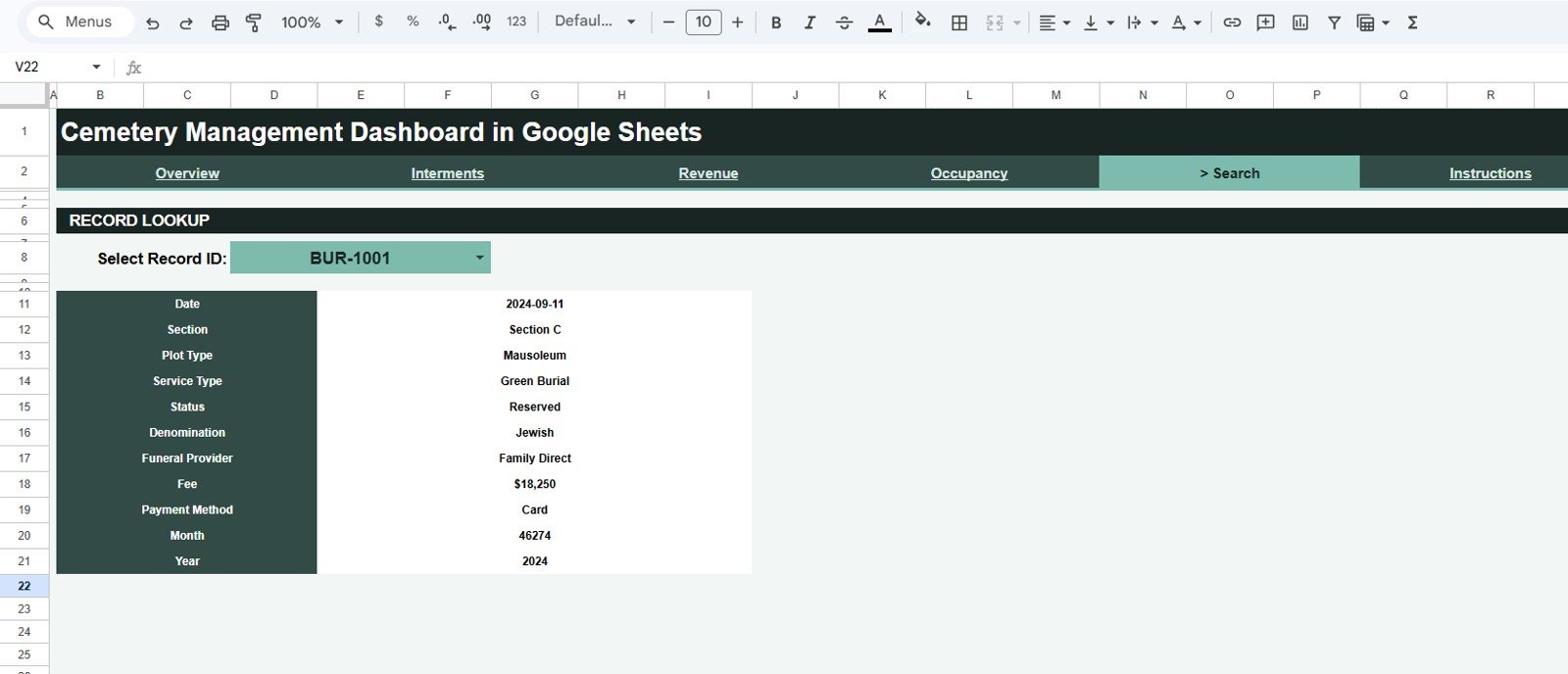 Cemetery Management Dashboard Search tab
