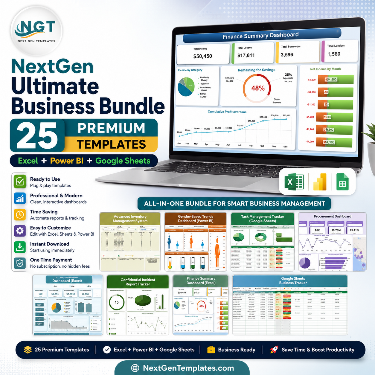 NextGen Ultimate Business Bundle – 25 Premium Templates (Excel + Power BI + Google Sheets)