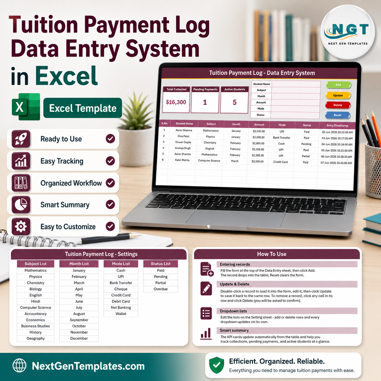 Tuition Payment Log Data Entry System in Excel