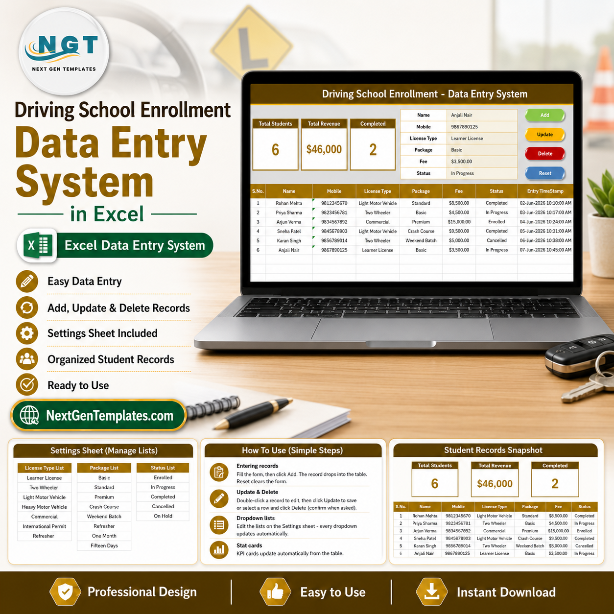 Driving School Enrollment Data Entry System in Excel
