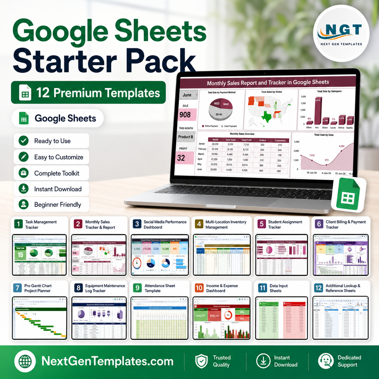 Google Sheets Starter Pack – 12 Premium Templates (Google Sheets)