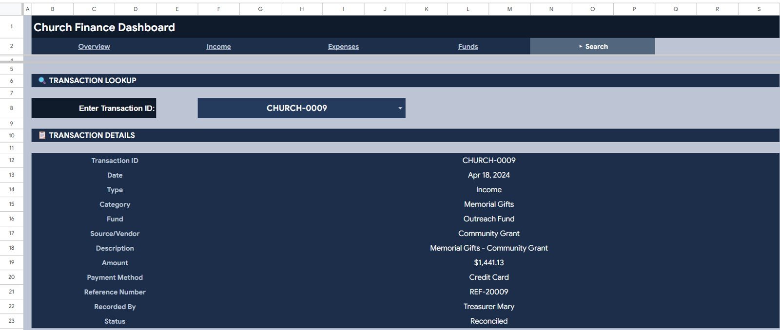 Search tab in Church Transaction Analysis Dashboard in Google Sheets