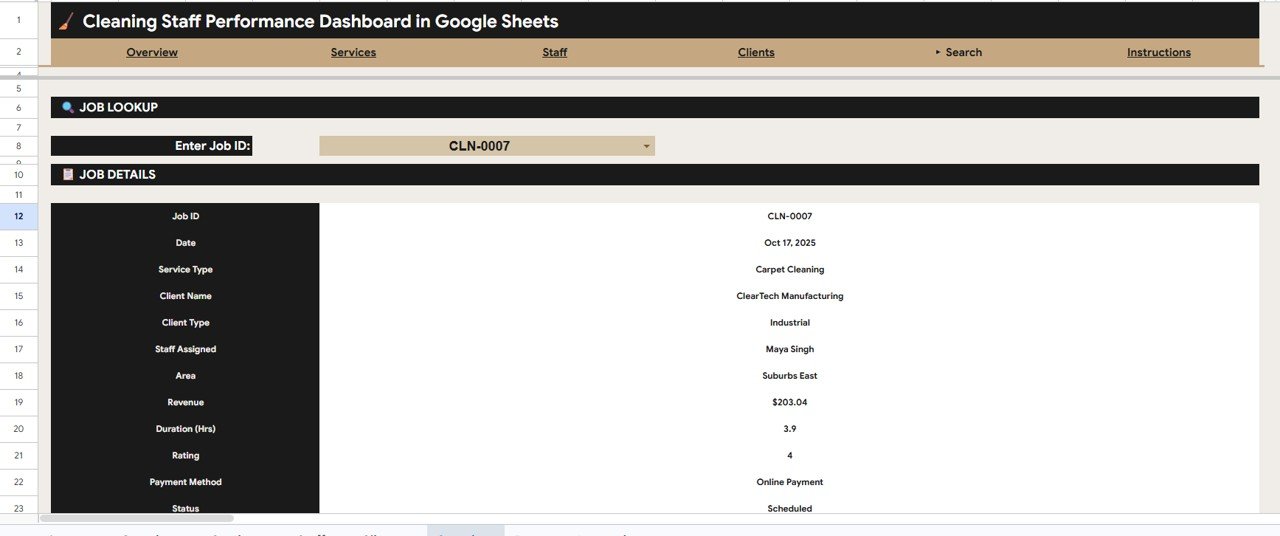 Cleaning Staff Performance Dashboard in Google Sheets - Search Sheet tab