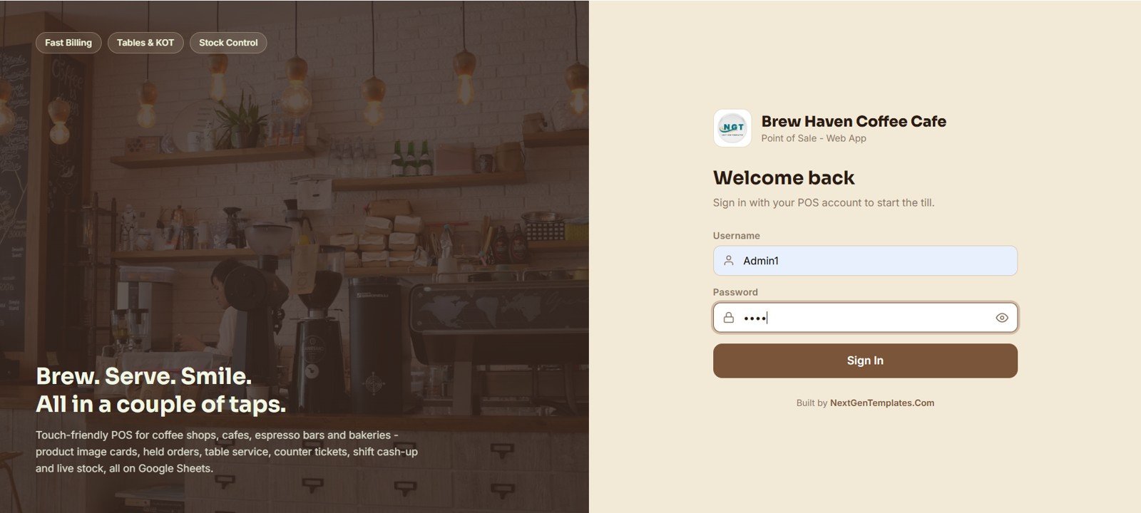 Coffee Cafe POS Web App login and dashboard