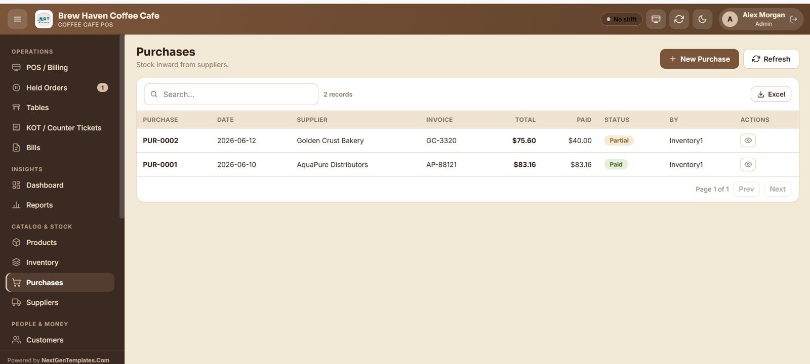 Coffee Cafe POS Web App - Purchases