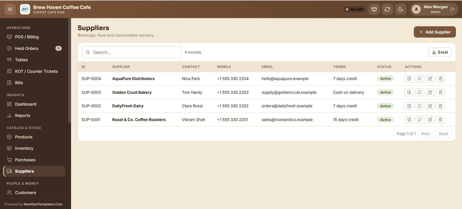 Coffee Cafe POS Web App - Suppliers