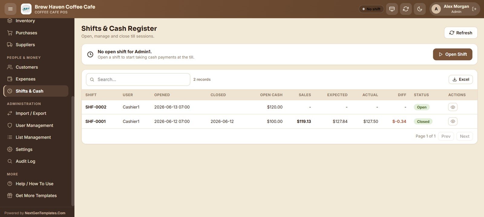 Coffee Cafe POS Web App - Shifts and Cash Register