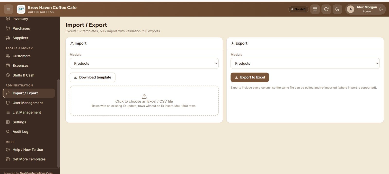 Coffee Cafe POS Web App - Import Export