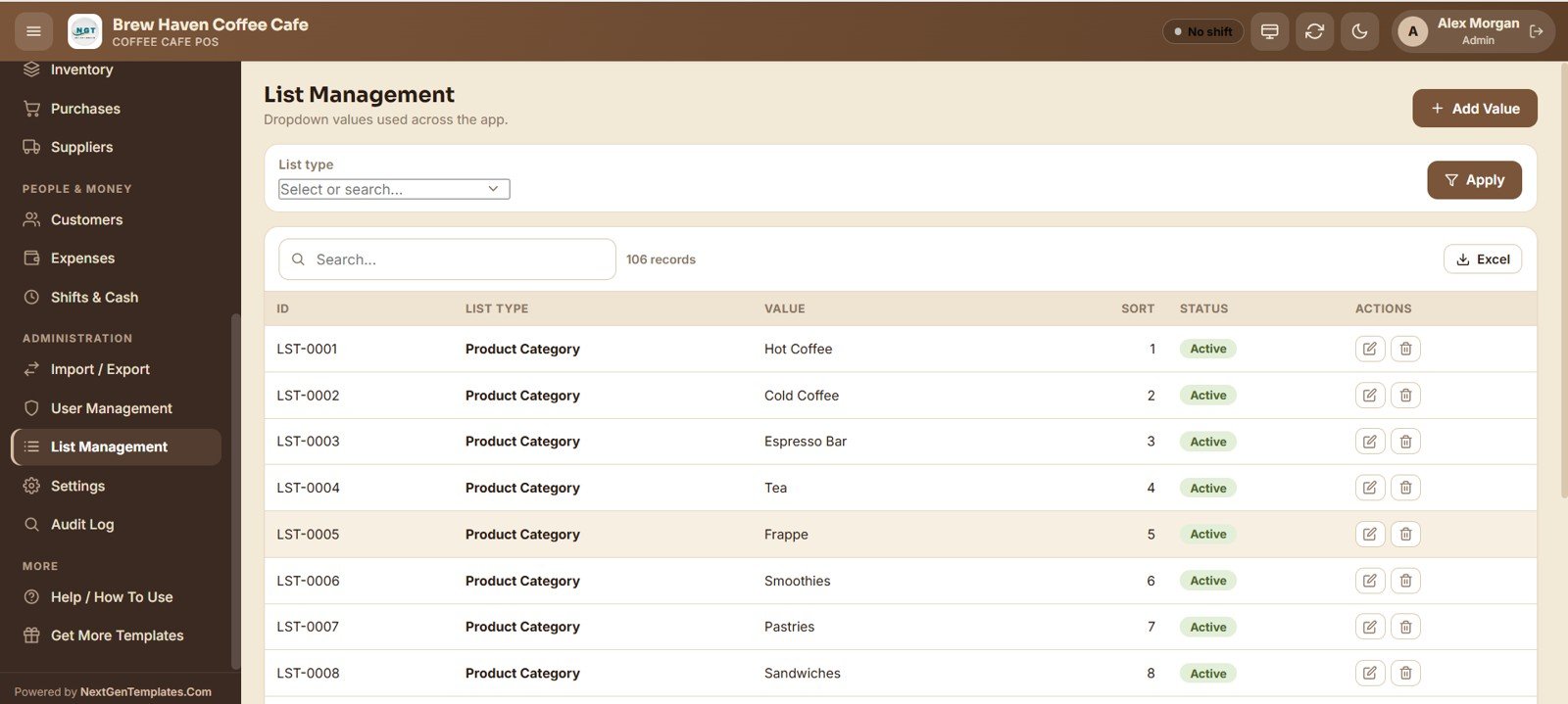Coffee Cafe POS Web App - List Management