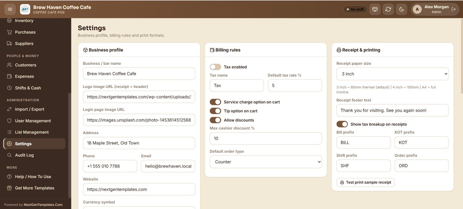 Coffee Cafe POS Web App - Settings