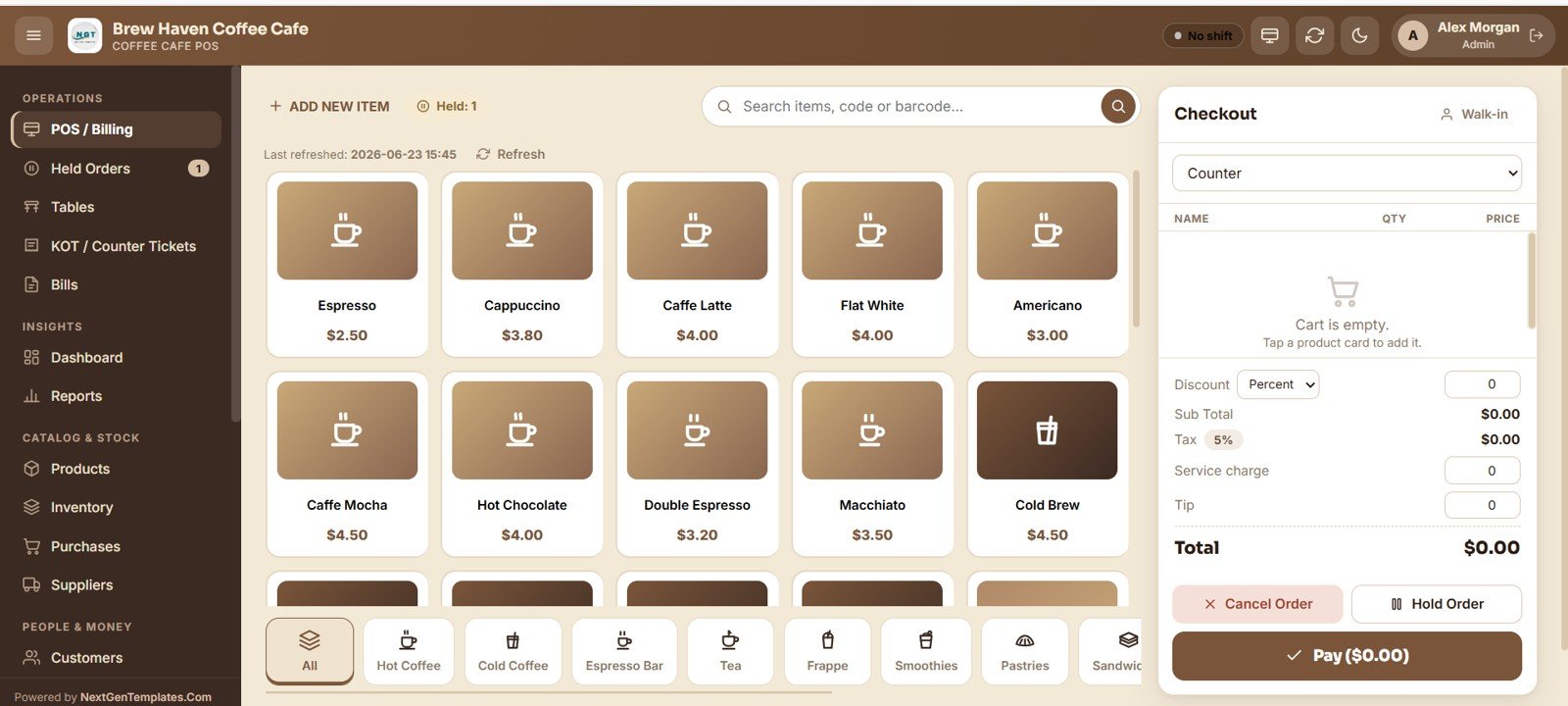 Coffee Cafe POS Web App - POS Billing Screen