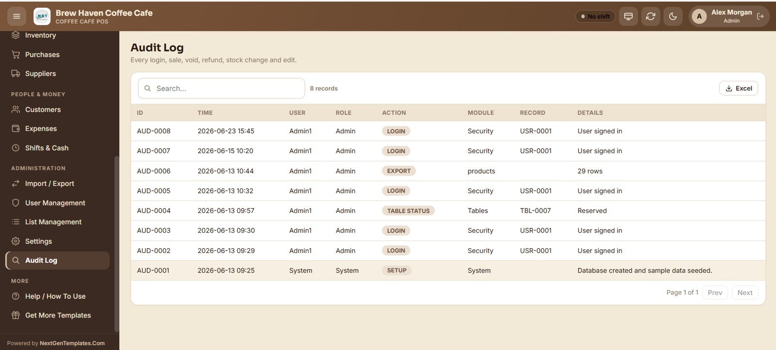 Coffee Cafe POS Web App - Audit Log