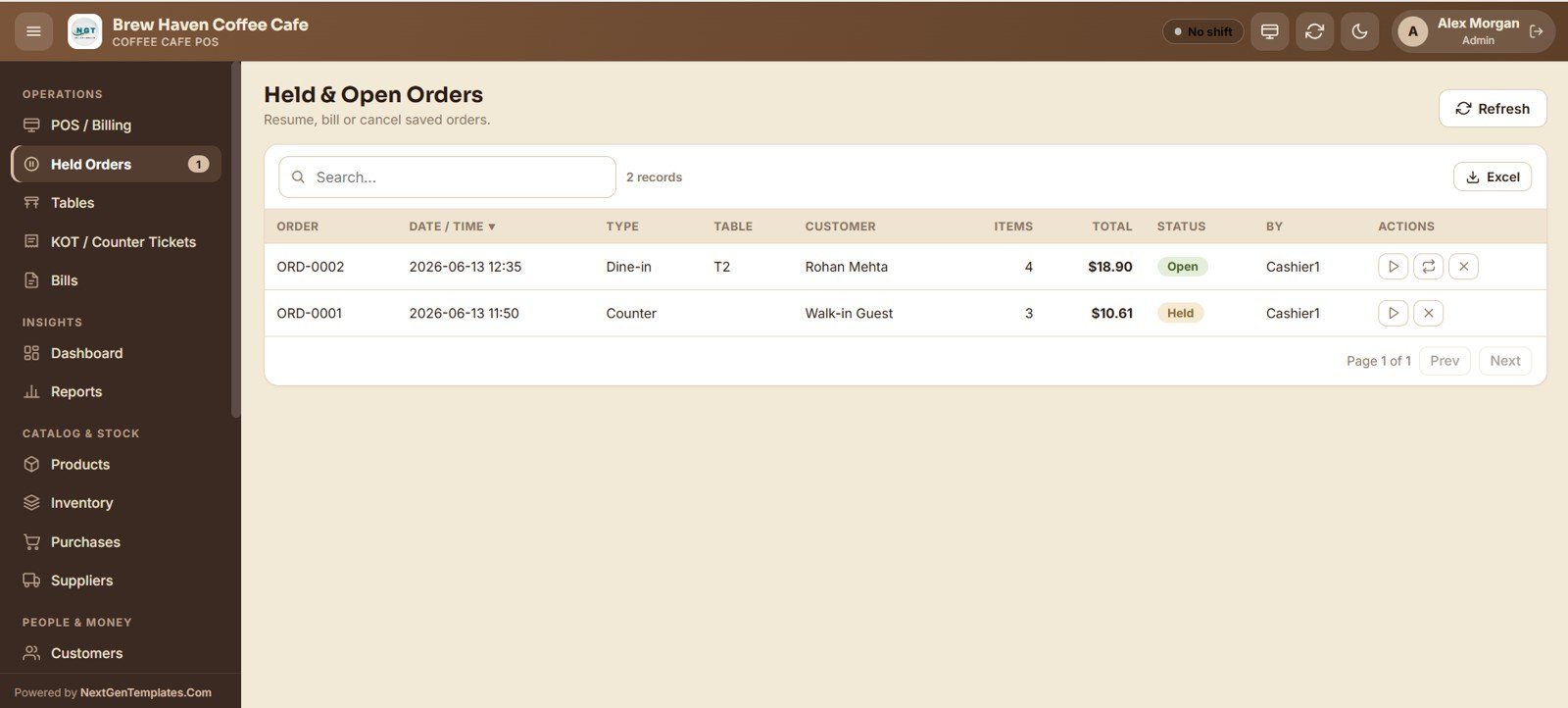 Coffee Cafe POS Web App - Held and Open Orders