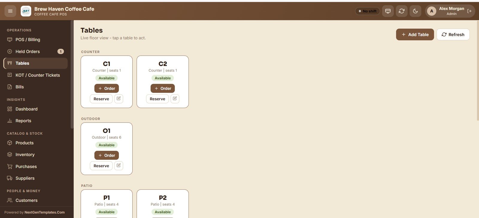 Coffee Cafe POS Web App - Tables Floor View