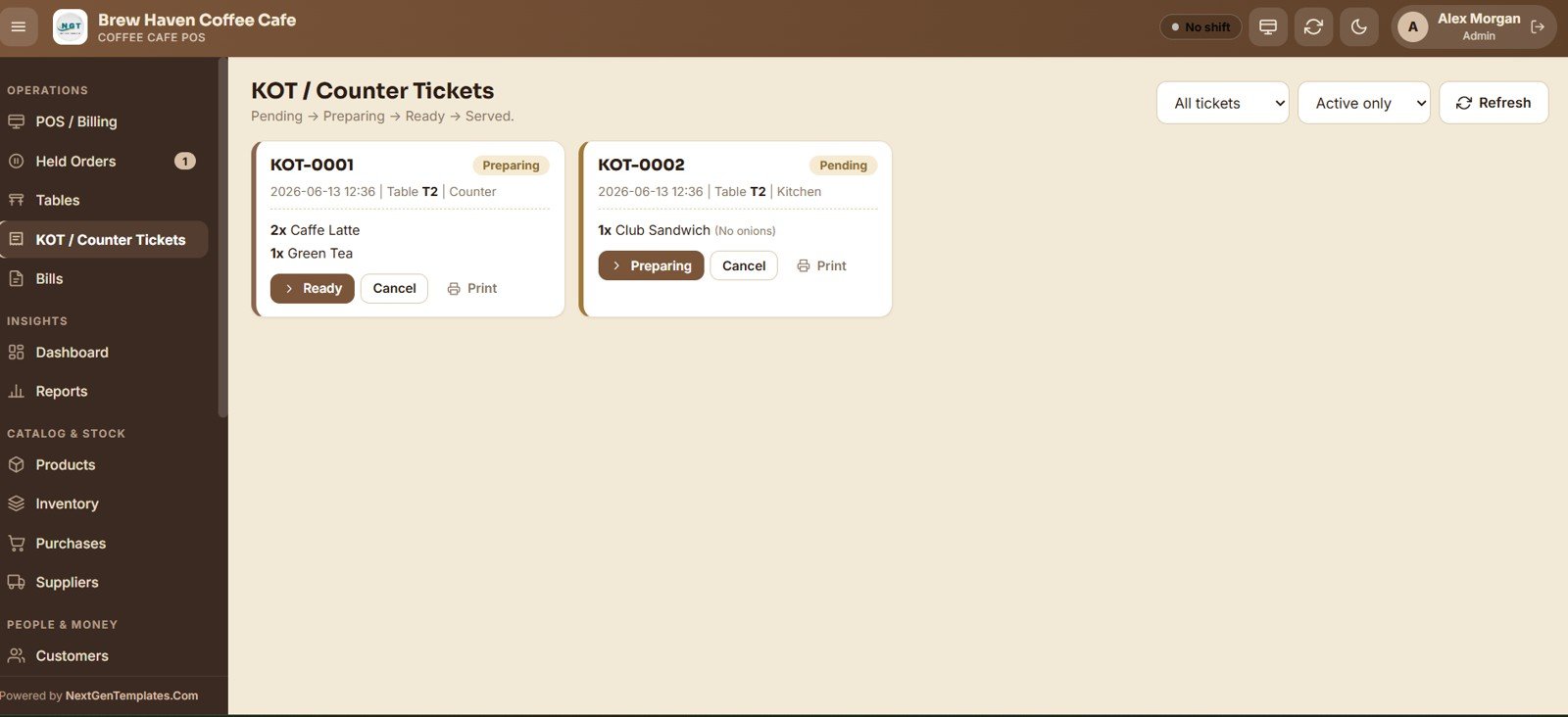 Coffee Cafe POS Web App - KOT Counter Tickets