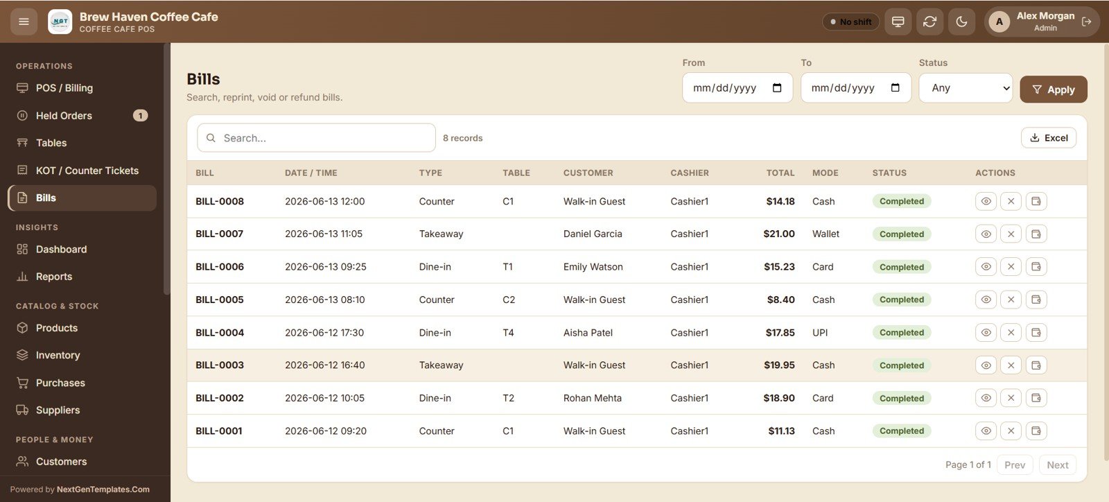 Coffee Cafe POS Web App - Bills