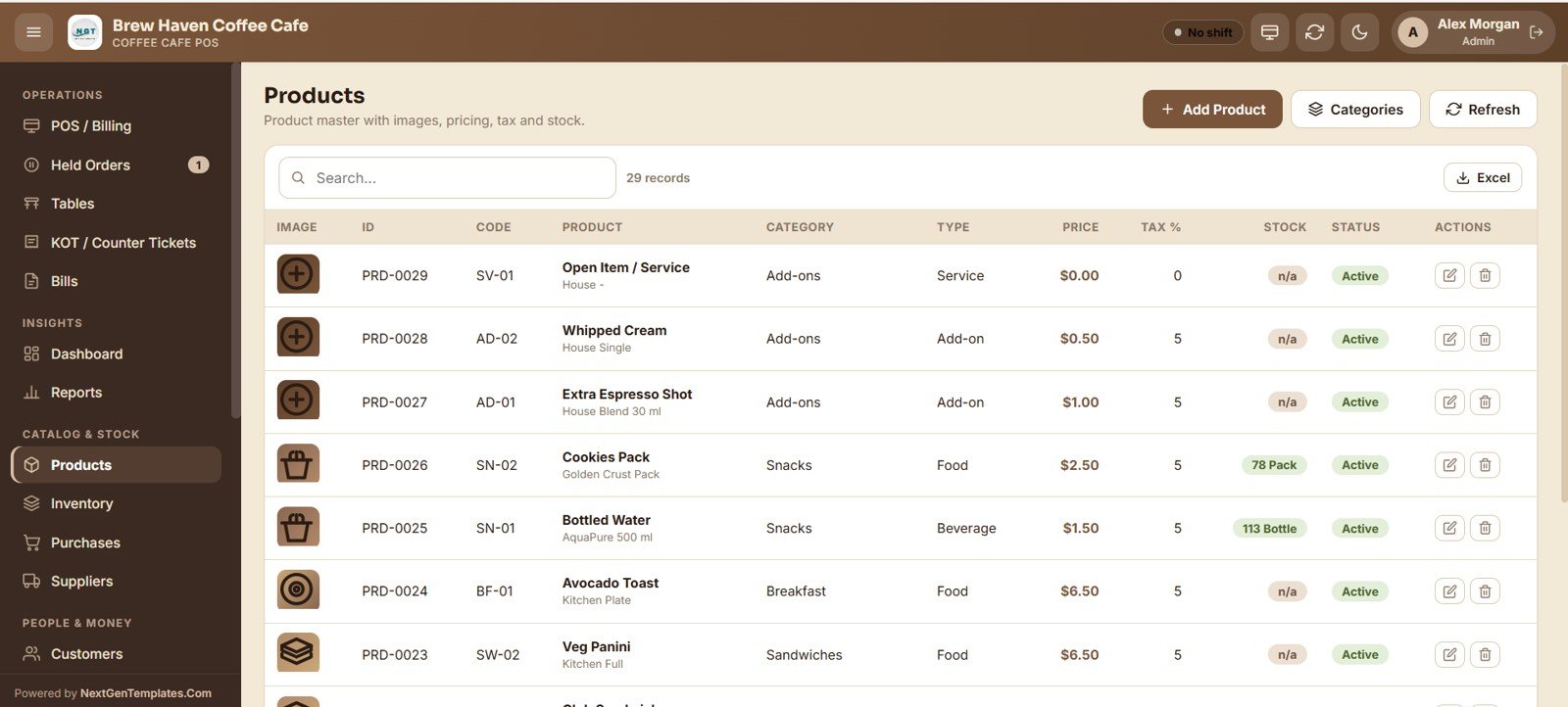 Coffee Cafe POS Web App - Products