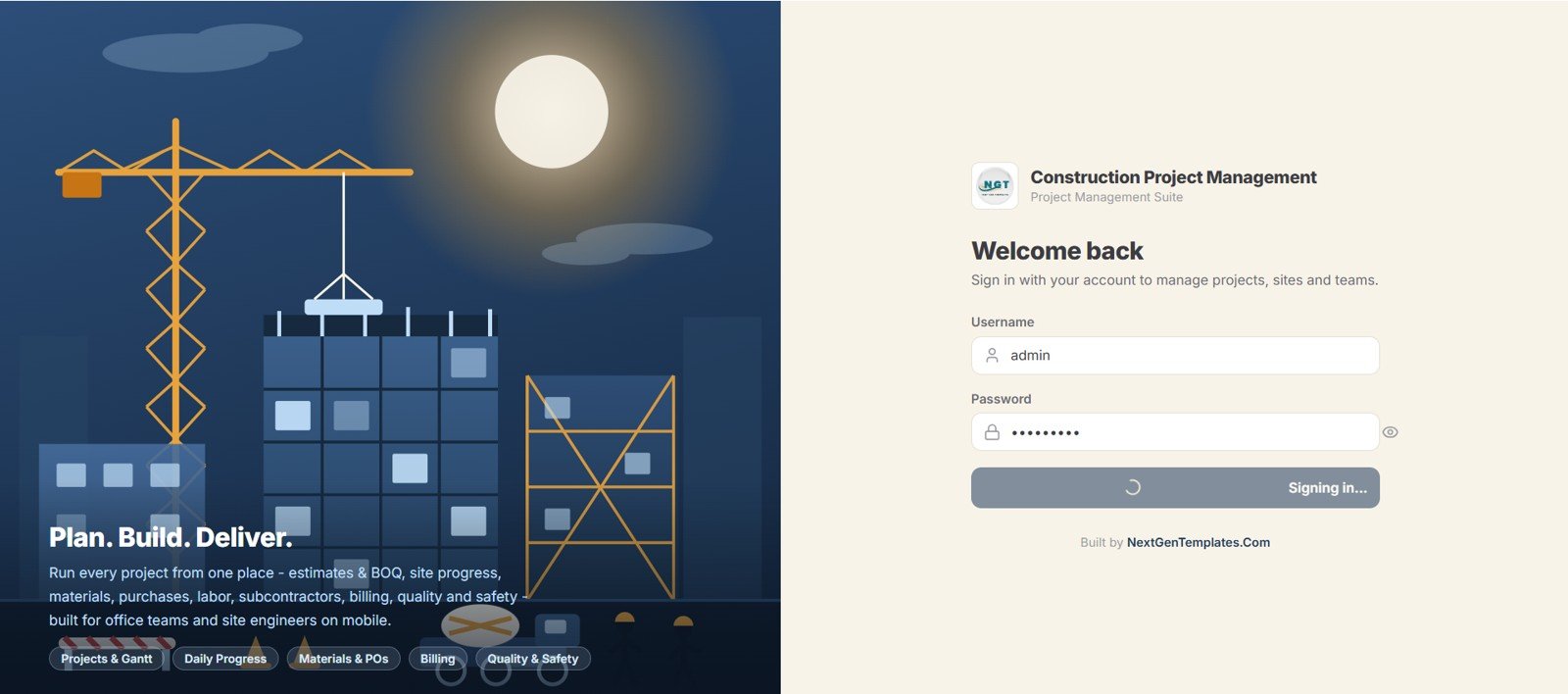 Construction Project Management System Web App login page