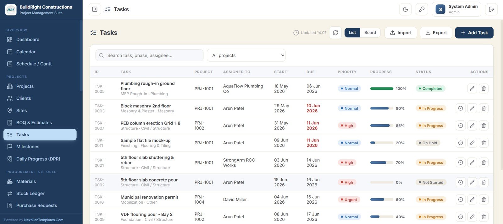 Construction Project Management System Web App - Tasks list and board