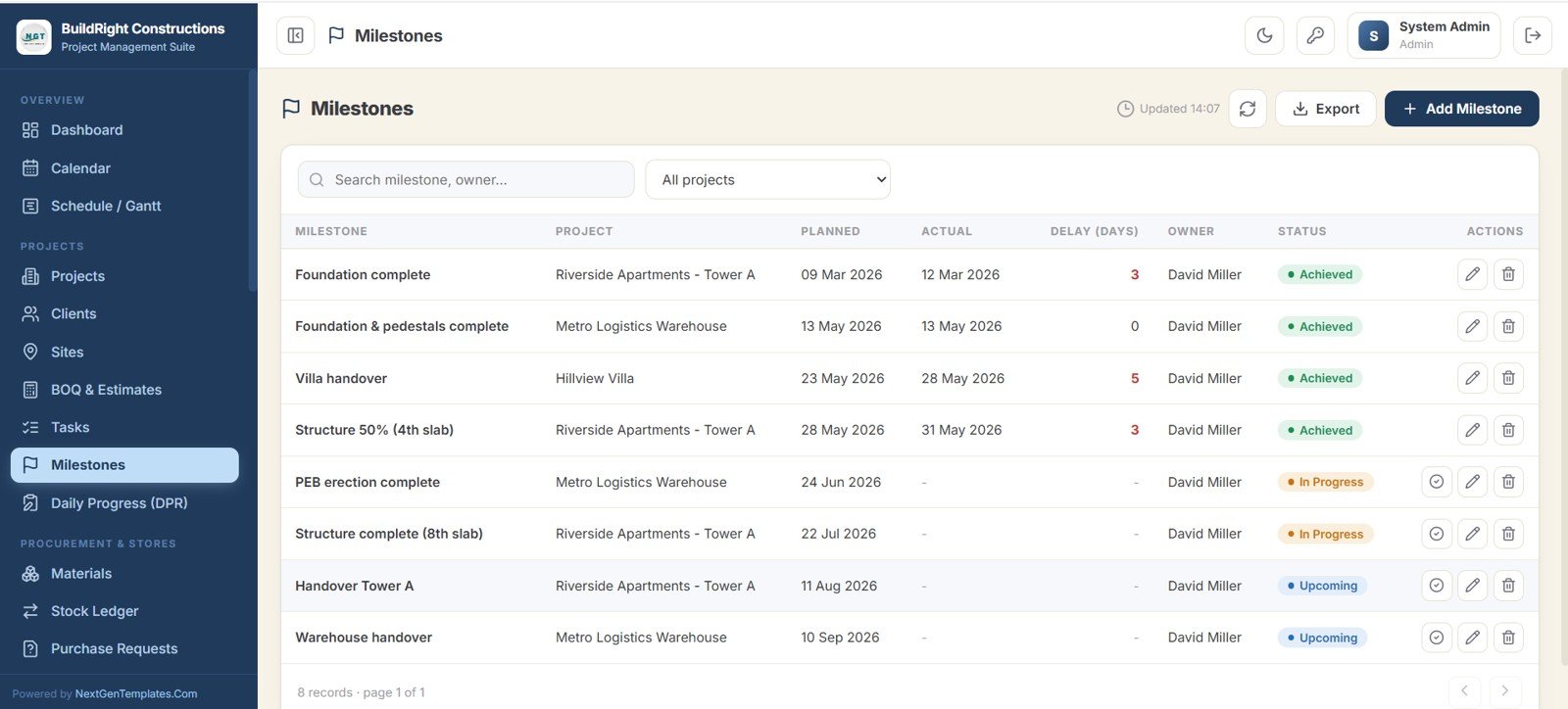 Construction Project Management System Web App - Milestones