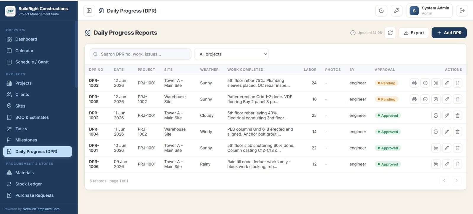 Construction Project Management System Web App daily progress reports