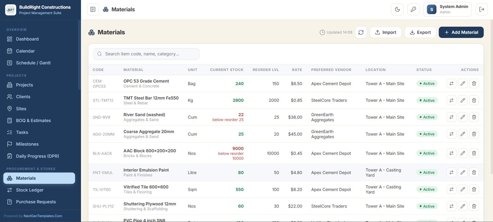 Construction Project Management System Web App - Materials inventory
