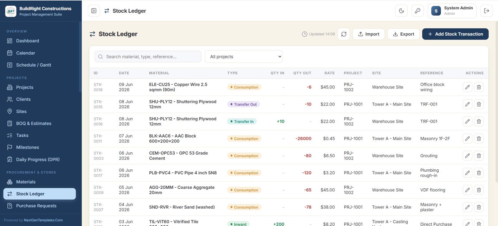 Construction Project Management System Web App - Stock Ledger