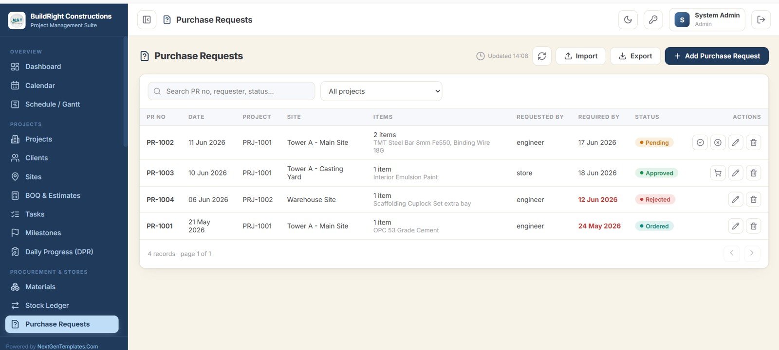 Construction Project Management System Web App - Purchase Requests