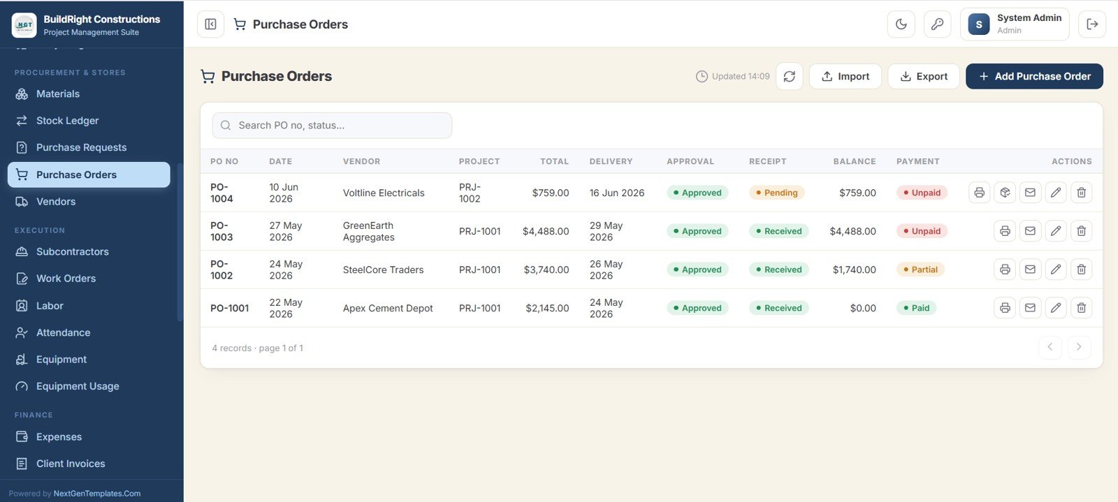 Construction Project Management System Web App purchase orders