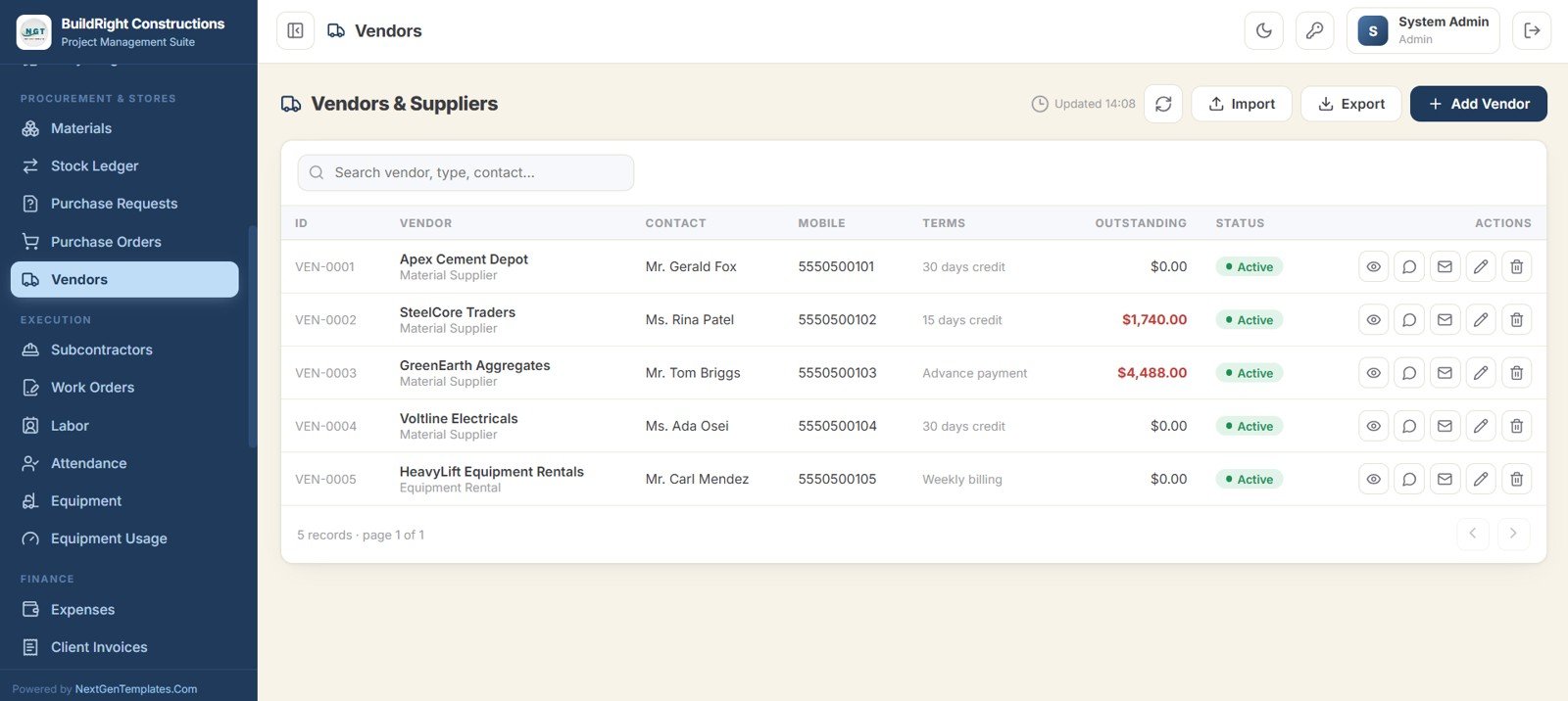 Construction Project Management System Web App - Vendors