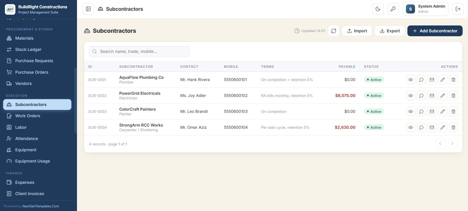 Construction Project Management System Web App - Subcontractors