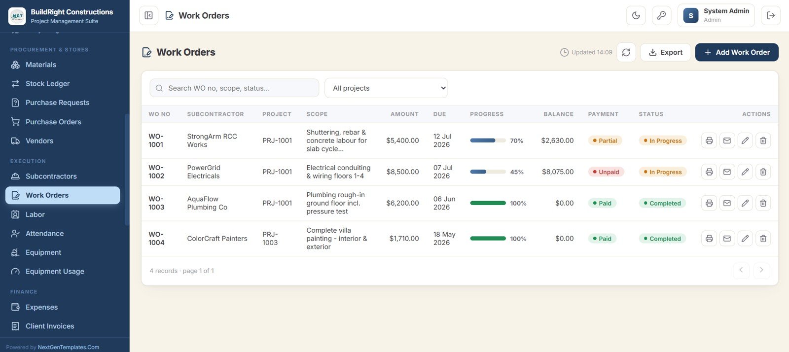 Construction Project Management System Web App - Work Orders