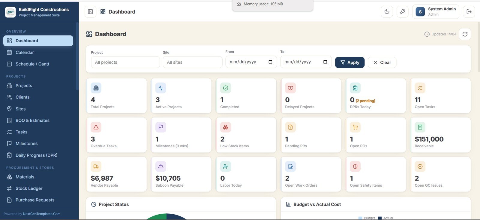 Construction Project Management System Web App dashboard with 18 KPI cards