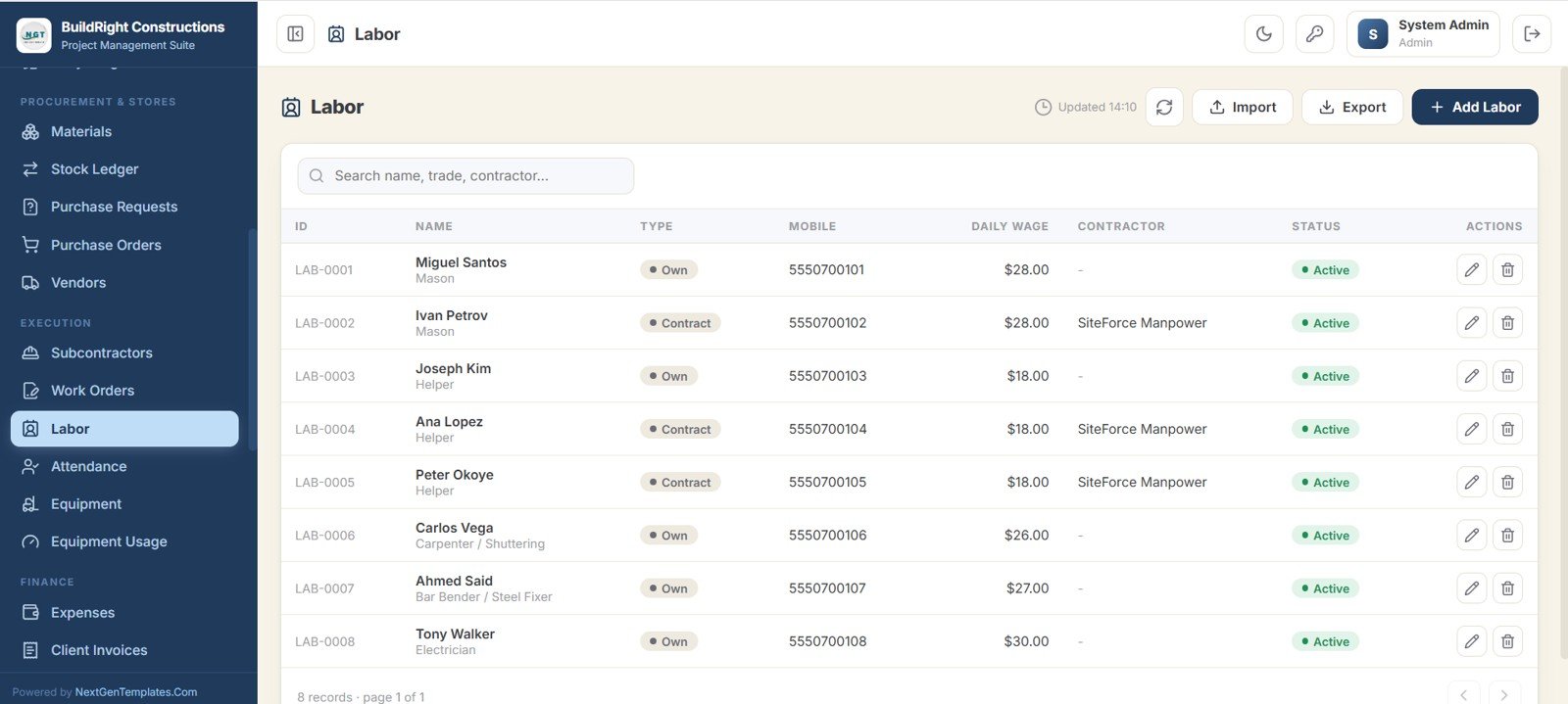 Construction Project Management System Web App - Labor roster