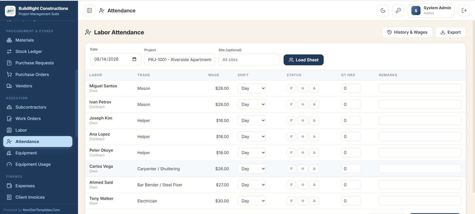 Construction Project Management System Web App - Attendance