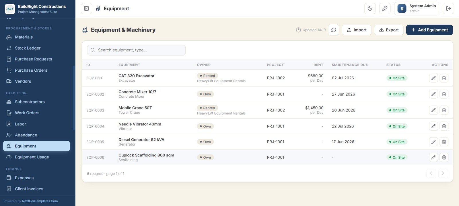 Construction Project Management System Web App - Equipment register
