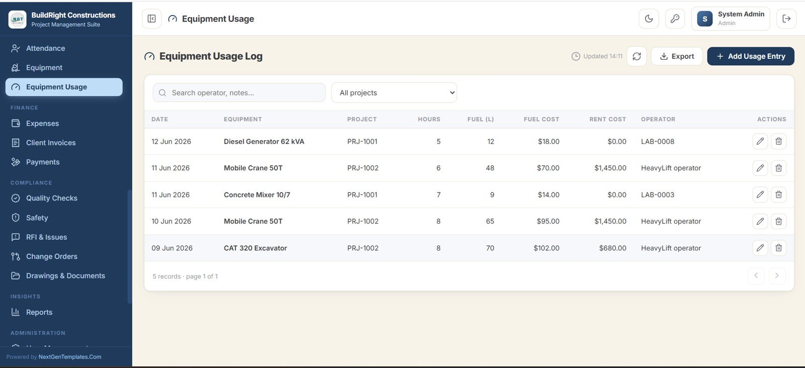 Construction Project Management System Web App - Equipment Usage log