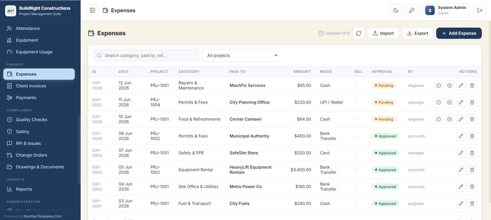 Construction Project Management System Web App - Expenses