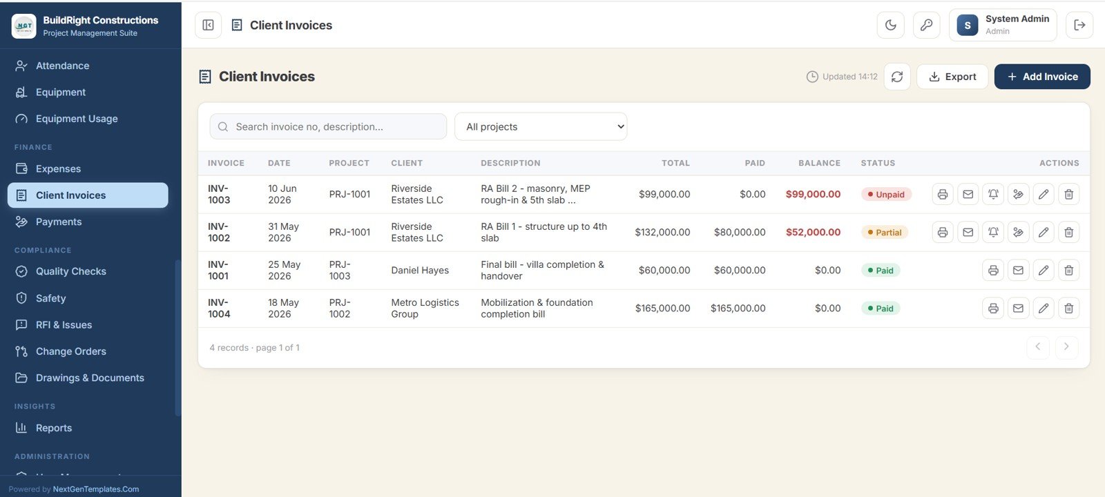 Construction Project Management System Web App - Client Invoices