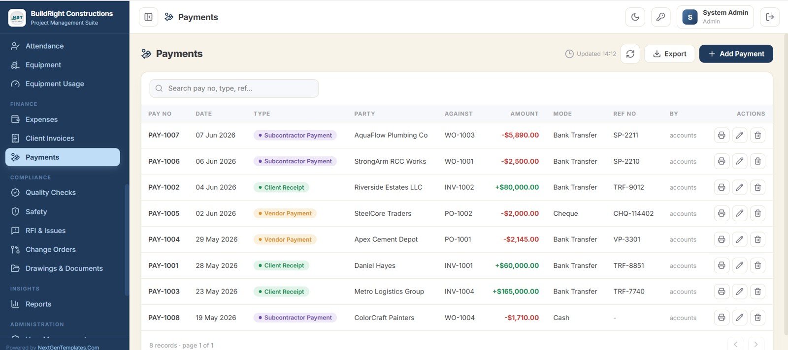 Construction Project Management System Web App payments