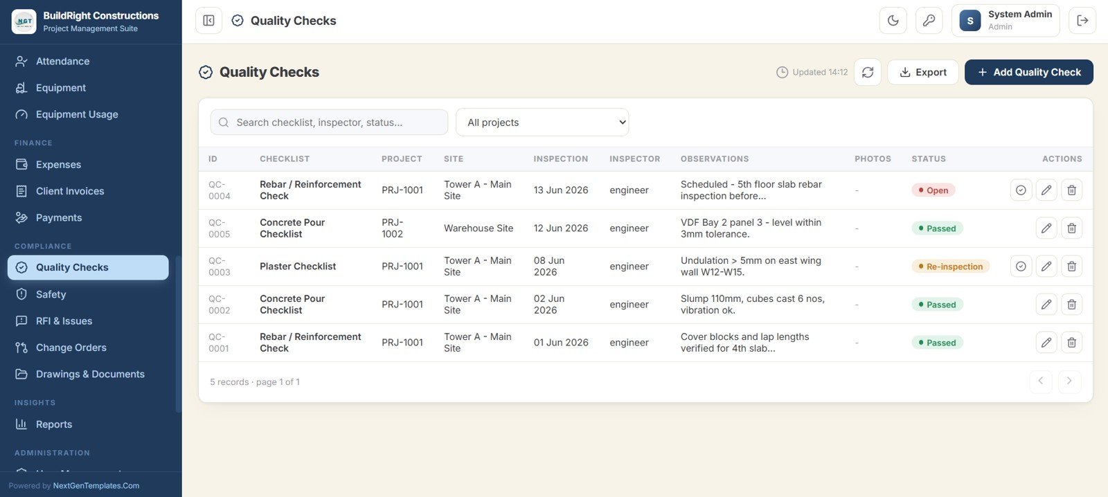 Construction Project Management System Web App - Quality Checks