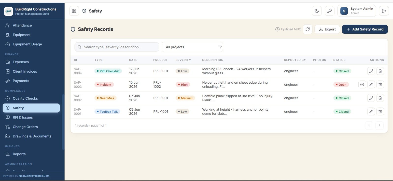 Construction Project Management System Web App - Safety