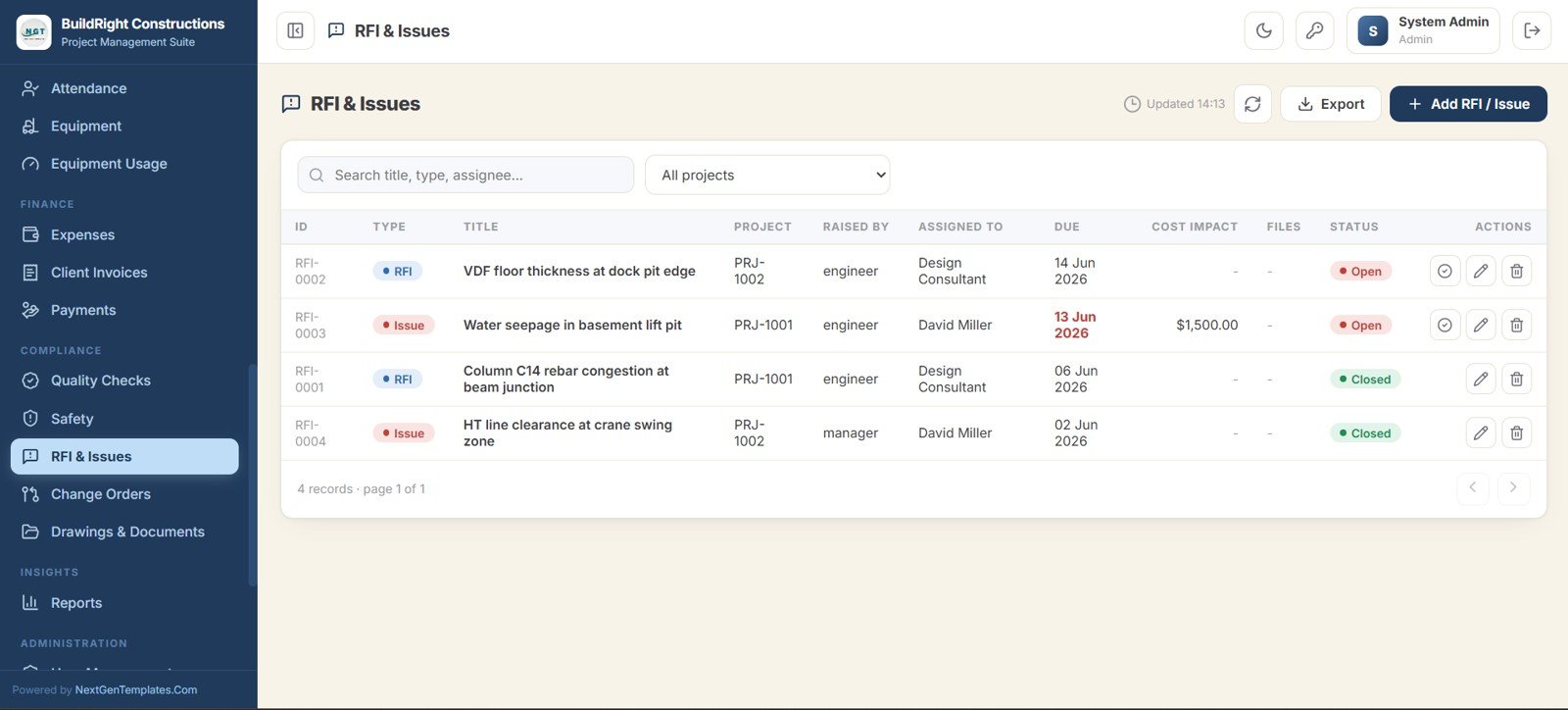 Construction Project Management System Web App - RFI and Issues