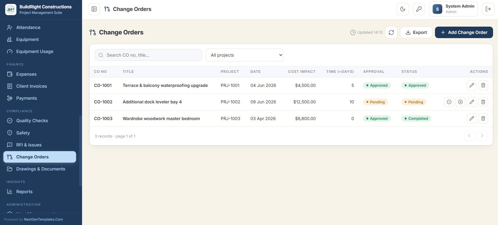 Construction Project Management System Web App - Change Orders
