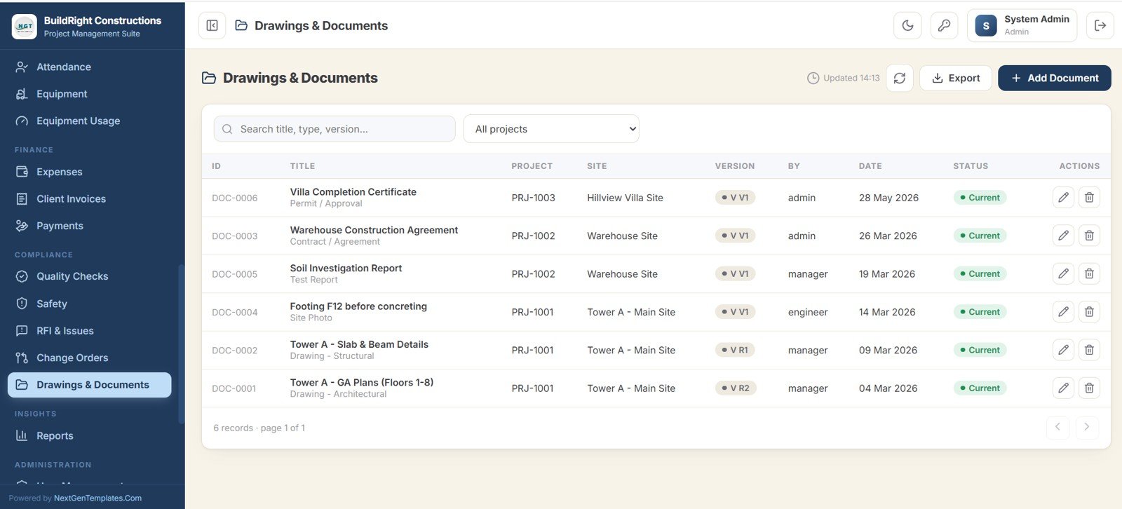 Construction Project Management System Web App - Drawings and Documents
